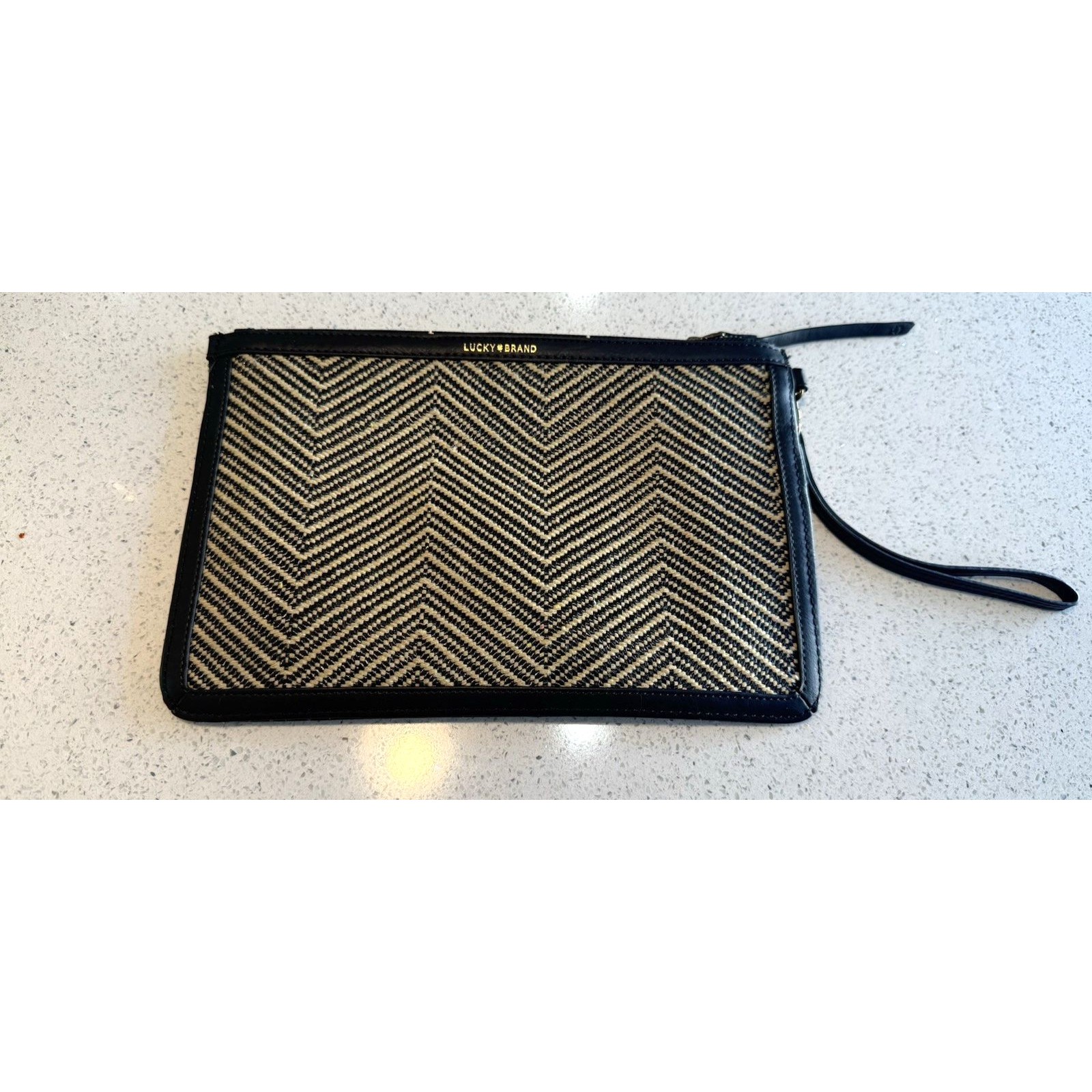 Lucky Brand Clutch Chevron Black Brown Leather Trim Bag Purse Boho Wristlet